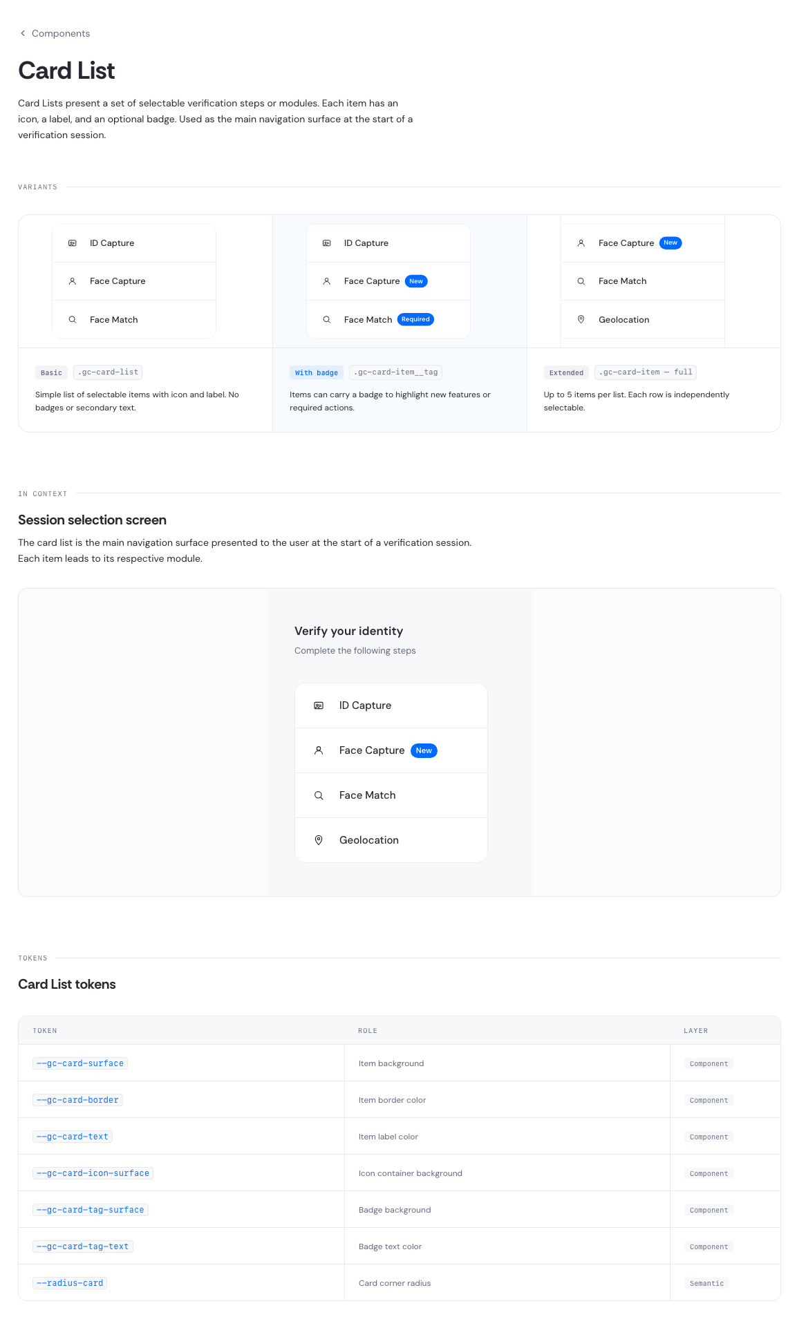 Card List component reference