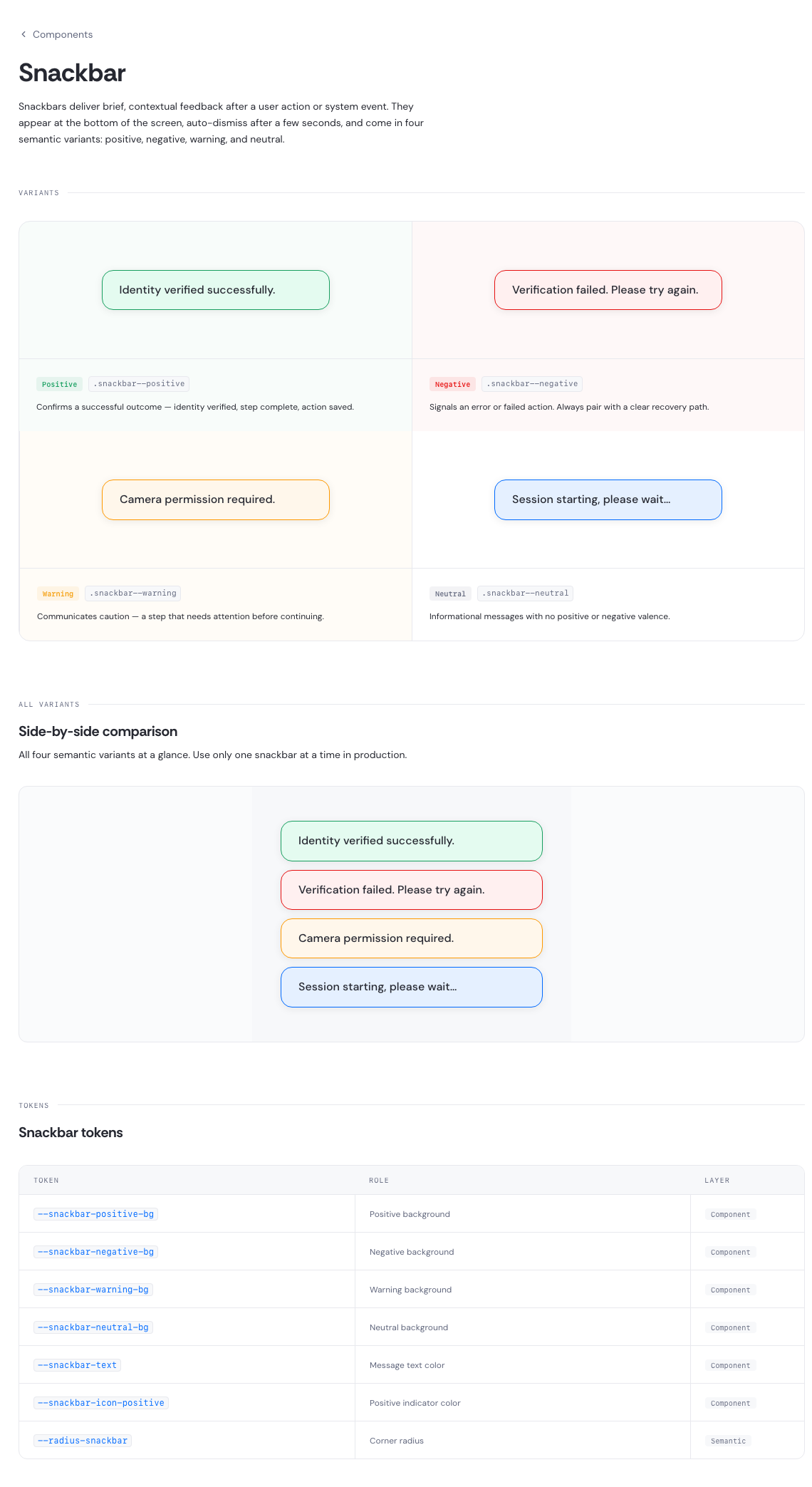Snackbar component reference